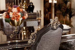 Sirius dining chair detail - gilded carved scrollwork and cabriole legs | Ali Guler Furniture
