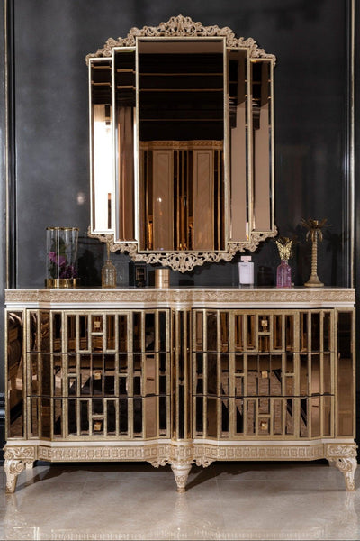 mirror dresser gold Leaf - Savoy Gold Leaf Collection - Carved detailing with Gold Leaf accents - Dimensions: 63