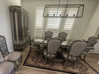 Sirius 7-piece dining set installed - ebony table with six damask chairs | Ali Guler Furniture