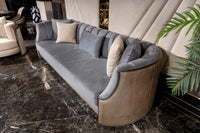Tivoli channel-tufted grey sofa, three-quarter view