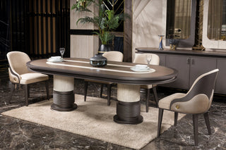 Tivoli dining table on twin travertine-finish pedestals