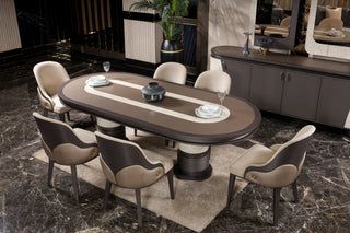 Tivoli oval dining table with travertine-finish inlay and six chairs