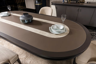Tivoli oval dining table top with travertine-finish band